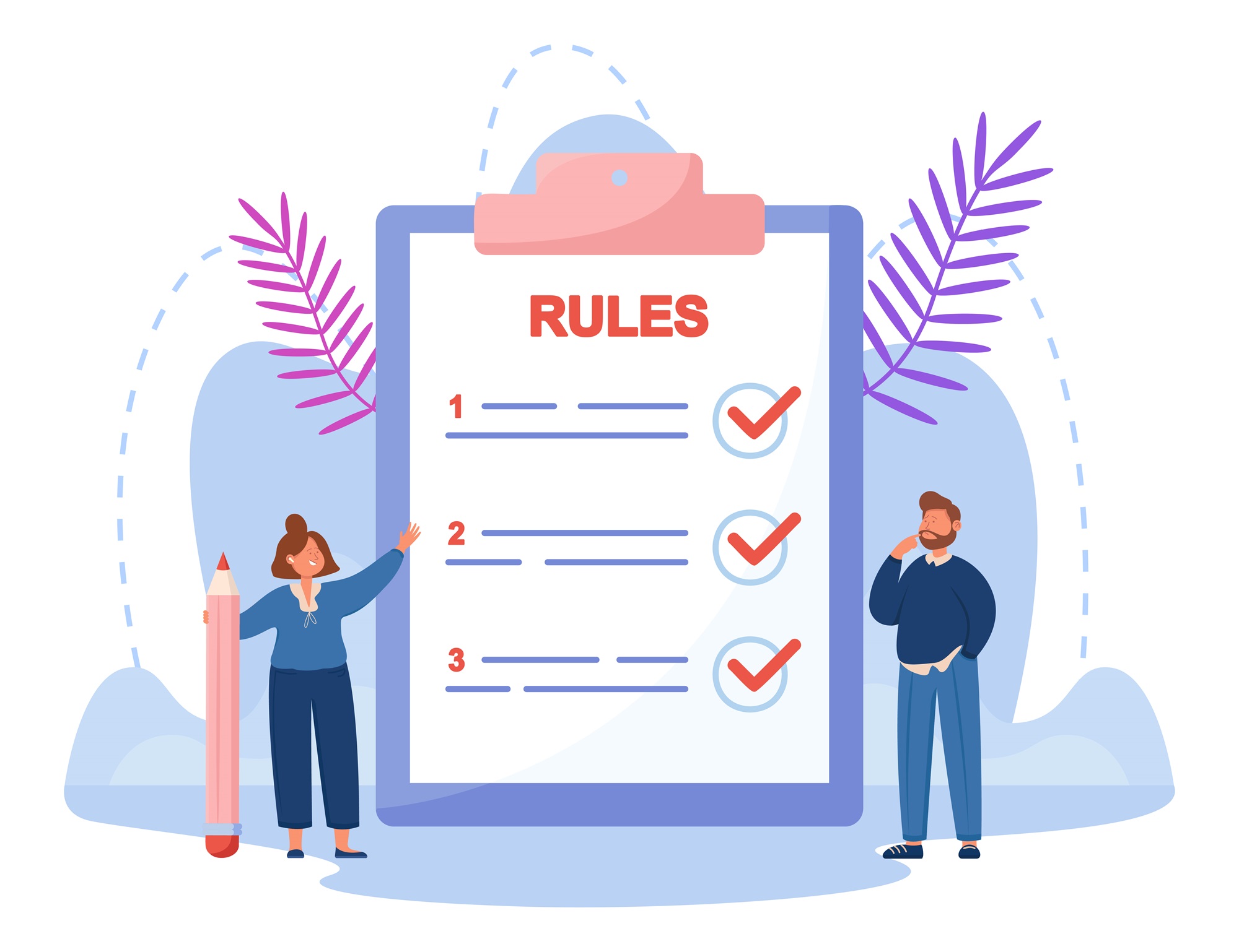 Tiny business people reading list of rules. Man and woman making checklist for control of companys management on huge clipboard flat vector illustration. Guidance concept